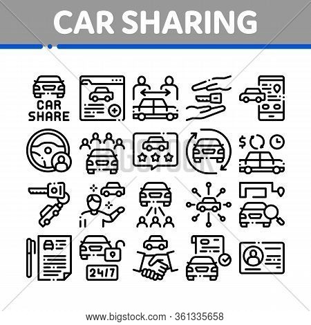 Car Sharing Business Collection Icons Set Vector. Car Share Deal And Agreement, Web Site And Phone A