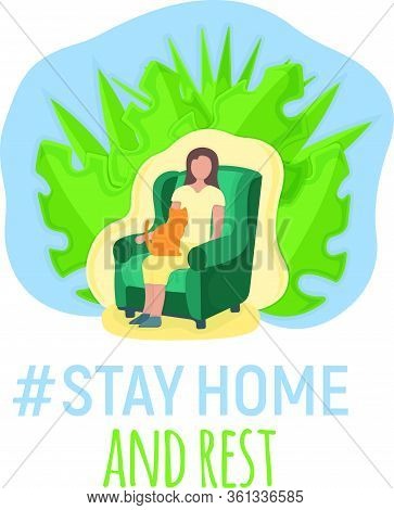 Woman Sitting On Armchair With Cat In Arms Concept Stay Home, Female Character Rest, Relax. Isolated