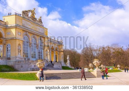 Vienna, Austia - April 3, 2015: The Gloriette In The Schonbrunn Palace Garden Against The Cloudy Blu