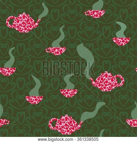 Decorative Vintage Teapots And Cups Seamless Vector Pattern. Hot Tea Theamed Surface Print Design. F