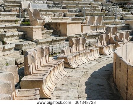 The Theater Of Dionysus Eleuthereus Of The Athenian Acropolis. Athens, Greece. Ancient Greek Amphith