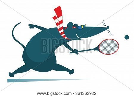 Funny Rat Or Mouse Plays Tennis Illustration. Cartoon Rat Or Mouse Plays Tennis Isolated On White