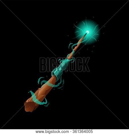 Magic Wooden Wand For Wizards Or Witch. Realistic Illustration Vector Game Icon, Item. Isolated On B