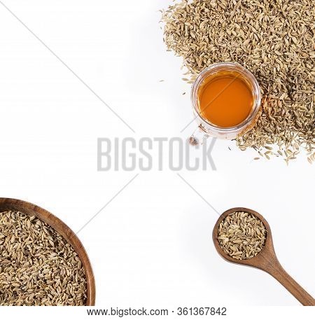 Infusion Of Fennel Seeds - Foeniculum Vulgare. White Background