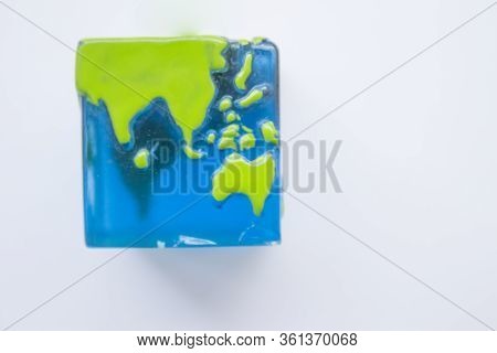 Earth Square Globe On White Background. Mock Up. Flat Lay Composition