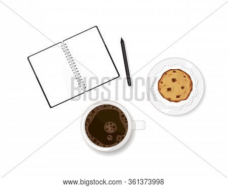 Working Table With Coffee, Chocolate Chip Cookie Dessert And Note Book. Writing Memories In Diary. V