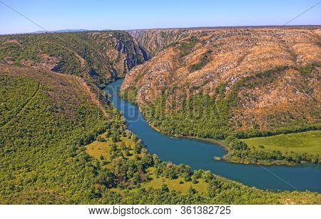 Aerial View Of The Krka River Canyon Located Downstream Of Bilusic Buk In Promina County In Croatia