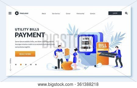 Utility Bills Online Payment Concept. Vector Illustration Of People Characters, Electricity Invoice 