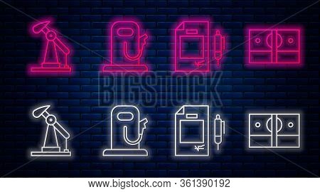Set Line Petrol Or Gas Station, Contract Money And Pen, Oil Pump Or Pump Jack And Stacks Paper Money