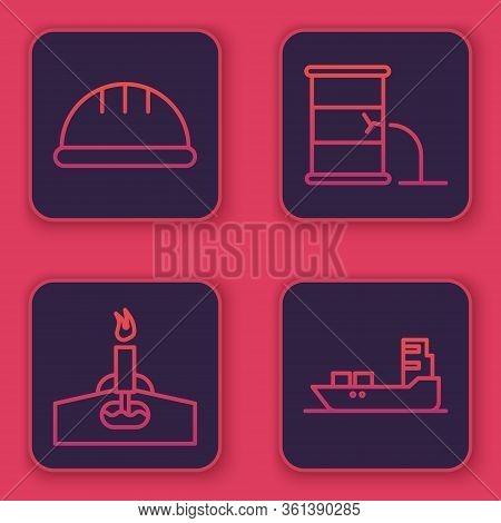 Set Line Worker Safety Helmet, Oil Rig With Fire, Barrel Oil Leak And Oil Tanker Ship. Blue Square B