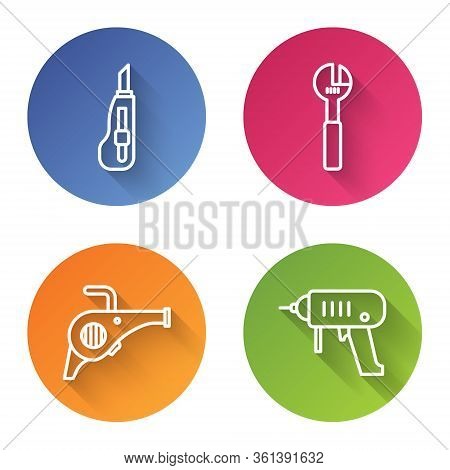 Set Line Stationery Knife, Adjustable Wrench, Leaf Garden Blower And Electric Drill Machine. Color C