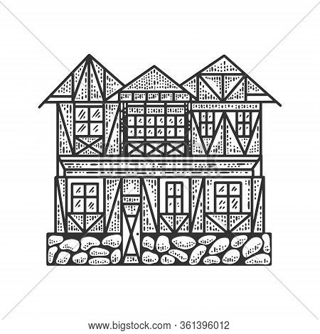 Timber Framing Fachwerk House Sketch Engraving Vector Illustration. T-shirt Apparel Print Design. Sc