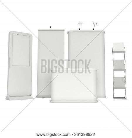 Lcd Screen Floor Stand With Roll-up Pop-up And Reception Desk. Blank Trade Show Booth. 3d Render Of 