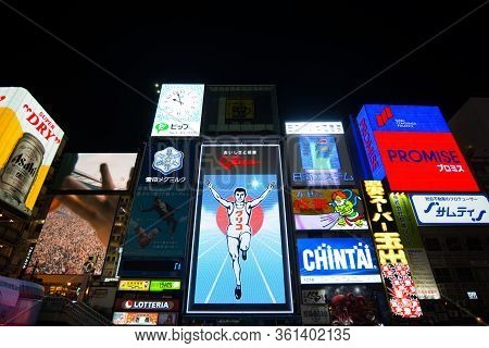 Osaka, Japan -november 10, 2018 : Famous Glico Man Billboard In The Dotonburi, Osaka. Dotonburi Is L