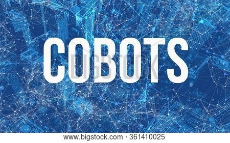 Cobots Theme With Abstract Network Patterns And Skyscrapers