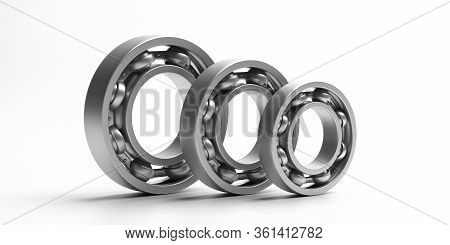 Ball Bearings, Metal Spare Parts Isolated On White. Mechanism, Engineering Concept. 3D Illustration
