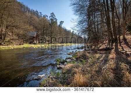 Romantic Spring River Valley With Old Cabin Under Blue Sky. Sunny Day On Oslava River, Czech Republi