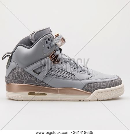 Vienna, Austria - August 24, 2017: Nike Air Jordan Spizike Wolf Grey And Rose Gold Sneaker On White 