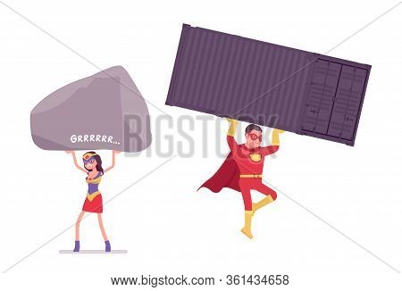 Male, Female Super Hero Wearing Red Costume, Carrying Big Heavy Things. Effective Man, Woman Warrior