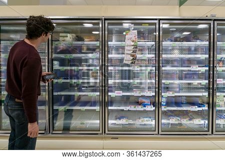 Empty Freezer Shelves At Publix Featuring Frozen Food Shortage Including Organic Vegetables, Pizza,