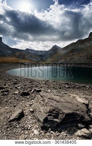 Lake Of Lauzanier In Val De L'ubayette, In The Mountains Of Mercantour National Park, Between France