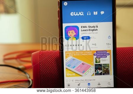 Los Angeles, California, Usa - 16 April 2020: Ewa Study And Learn English Logo On Screen Close Up. A