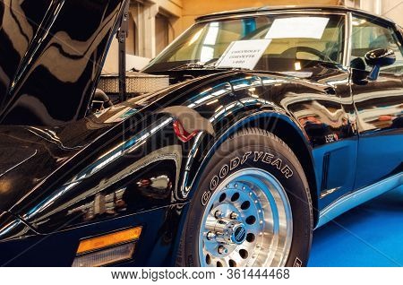Turin, Italy - March 25, 2018: Black 1980 Chevrolet Corvette L-82 On A Classic American Car Exhibiti