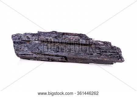 Macro Mineral Stone Sherle, Schorl, Black Tourmaline On White Background