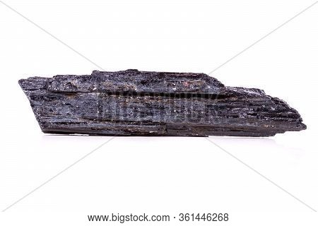 Macro Mineral Stone Sherle, Schorl, Black Tourmaline On White Background