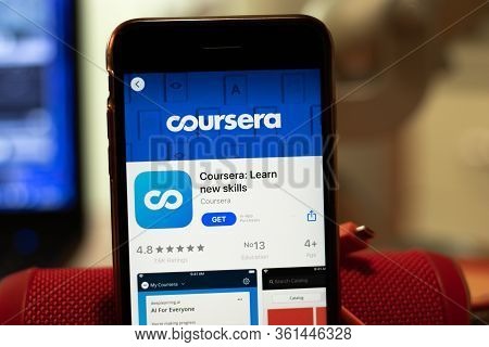 Los Angeles, California, Usa - 16 April 2020: Coursera Logo On Screen Close Up. App Store Icon Visib