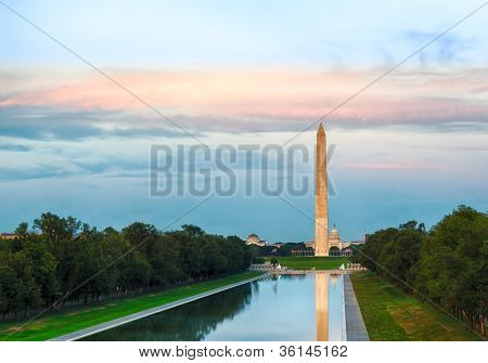 Setting Sun On Washington Monument Reflecting