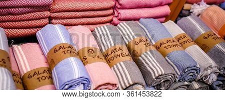Turkey Istanbul 2019 November 6 Folded Rolls Of Towels Bed Linen Galata Turkish Bazaar Fabric