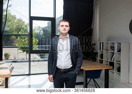 Overweight Businessman Dressed Suit In Office. Overweight Business Man In Working Place. Successful 