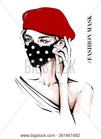 Hand Drawn Beautiful Young Woman In Ear Loop Face Mask. Stylish Girl In Red Cap. Woman Wearing Medic