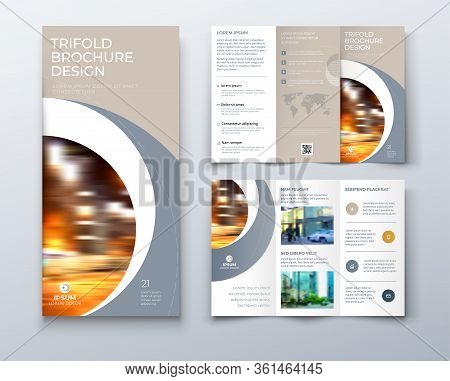 Tri Fold Brochure Design With Circle, Corporate Business Template For Tri Fold Flyer. Layout With Mo