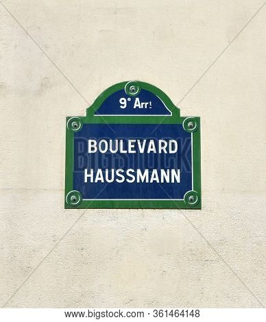 Paris, France. August 15, 2019. Boulevard Haussmann Street Sign Close-up.
