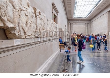LONDON,UK - JULY 31,2019 : The Elgin Marbles exhibited at the British Museum and originally located at the temple of the Parthenon in Athens