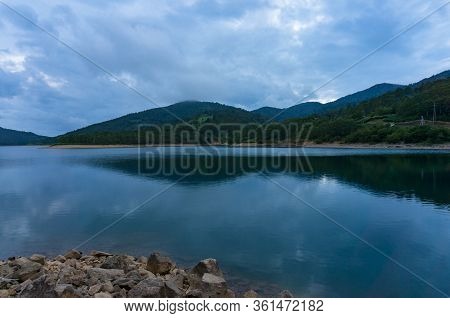 Mountain Lake Landscape. Nozori Lake, Dam Surrounded By Mountains. Gumna, Japan