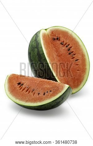 Organic Watermelon And A Piece Of Cut Lengthwise On White Isolated Background With Clipping Path. Ri