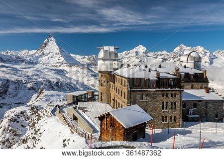 Gornergrat, Zermatt, Switzerland - November 12, 2019: Observatory And Buildings At Top Of Gornergrat