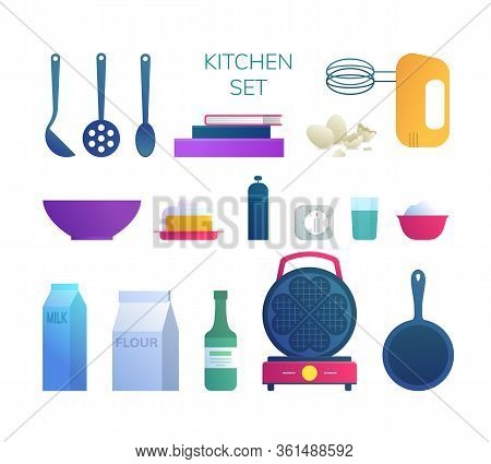 Kitchen Utensils And Food Ingredients Icons Set. Mixer, Bowl, Eggshell, Waffle Iron, Pan, Flour, Mil