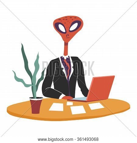 Alien Boss Working On Project On Laptop In Office