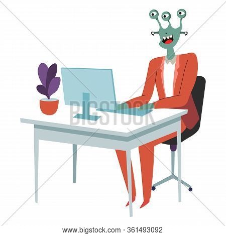 Extraterrestrial Character Working On Personal Computer At Work