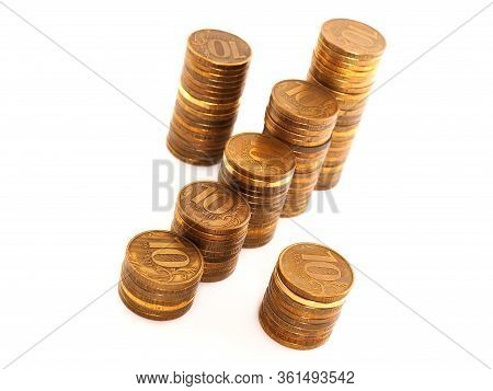 A Percent Sign Laid Out In Stacks Of Russian 10 Ruble Coins On A White Background. Not Isolated. Clo