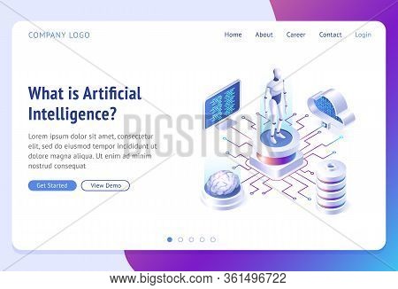 Ai, Artificial Intelligence Isometric Landing Page. Cyborg Surrounded With Human Brain, Laptop, Clou