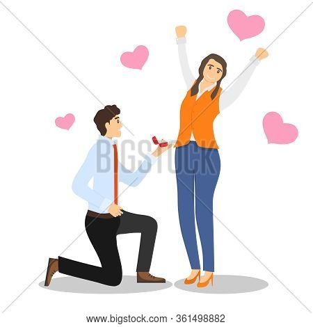 An Offer Of Marriage. A Man Kneeling With A Wedding Ring Makes A Marriage Proposal To A Happy Woman.