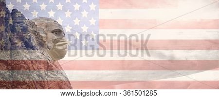 Coronavirus Covid 19 America Concept, George Washington Sculpture With Medical Mask And American Fla