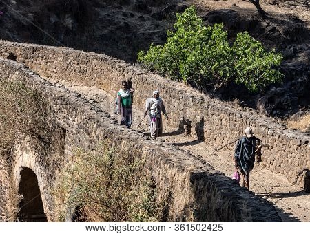 Tis Issat, Ethiopia - Feb 05, 2020: Bridge Of The Portuguese On The River Blue Nile. Ethiopia.