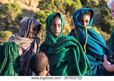 Simien Mountains, Ethiopia - Feb 07, 2020: Ethiopian People At Simien Mountains National Park In Eth