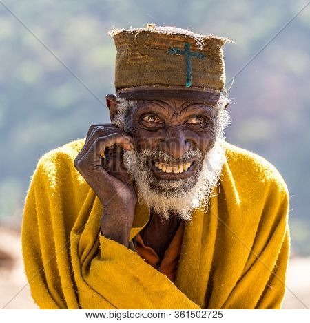 Aksum, Ethiopia - Feb 08, 2020: Old Ethiopian Man On The Road From Axum To The Simien Mountains, Nor